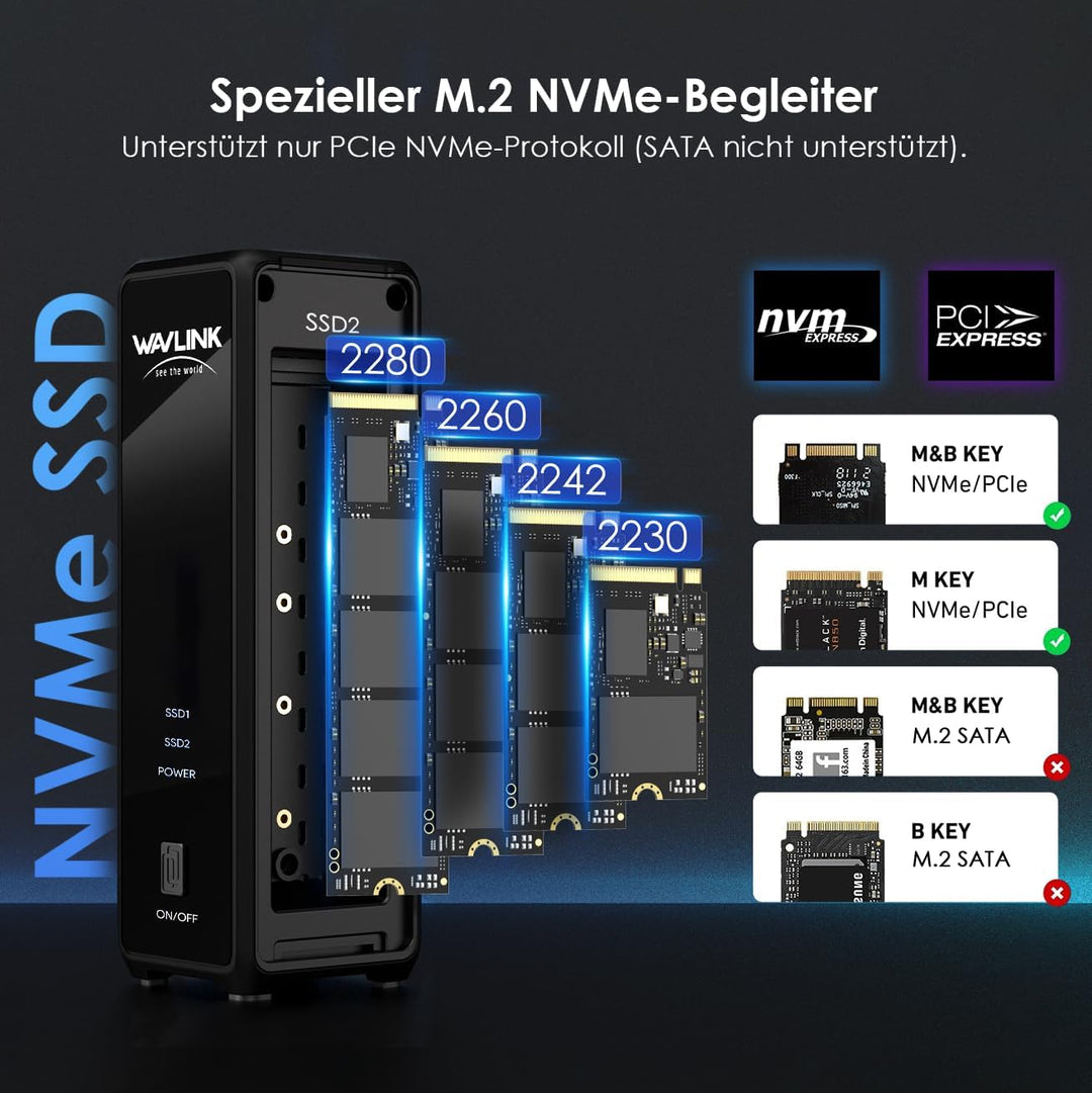 WAVLINK Duales M.2 NVMe SSD Gehäuse, USB3.2 Gen 2x2 20Gbps, PCIe NVMe M Key & B+M Key, Unterstützt U