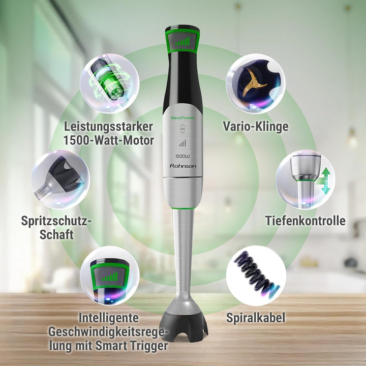 Rohnson BlendMaster R-5750 Stabmixer mit 1500 W, Vario-Blade-Technologie und Tiefenregelung, inklusi