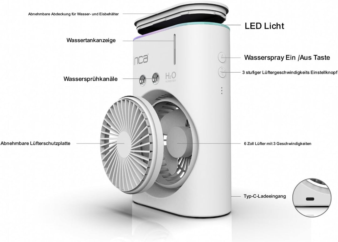 İnca Tischventilator mit Wasserkühlung & Sprühnebel IMF-10B USB Akku Ventilator tragbar & leise mit