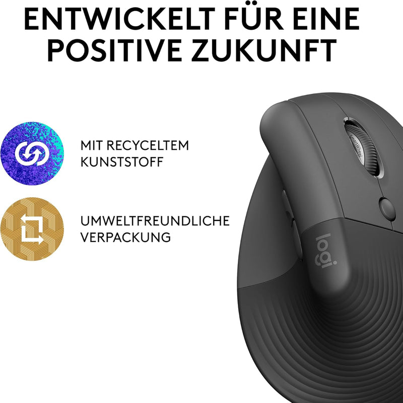 Logitech Lift Vertikale Ergonomische Maus, Kabellos, Bluetooth oder Logi Bolt USB-Empfänger, Leise K