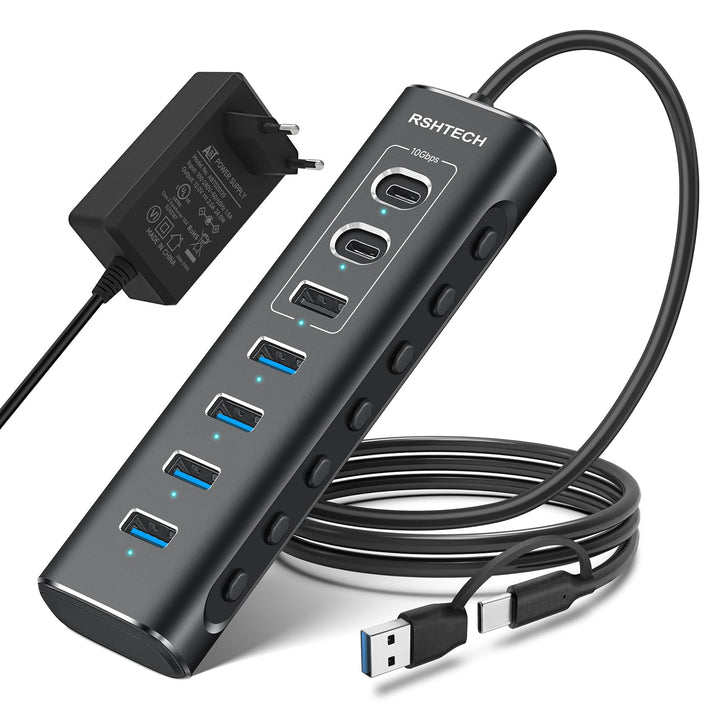 USB C Hub Aktiv mit Netzteil, RSHTECH 7-Port USB C 3.2 Hub Aktiv mit 3*10Gbps USB 3.2-Port (2*Typ-C,