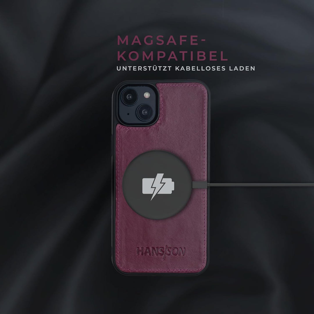 HANS/SON Lederhülle mit Kartenfächern | iPhone 14 | Echtleder | 6,1 Zoll | Schmal | Klapphülle | Sto