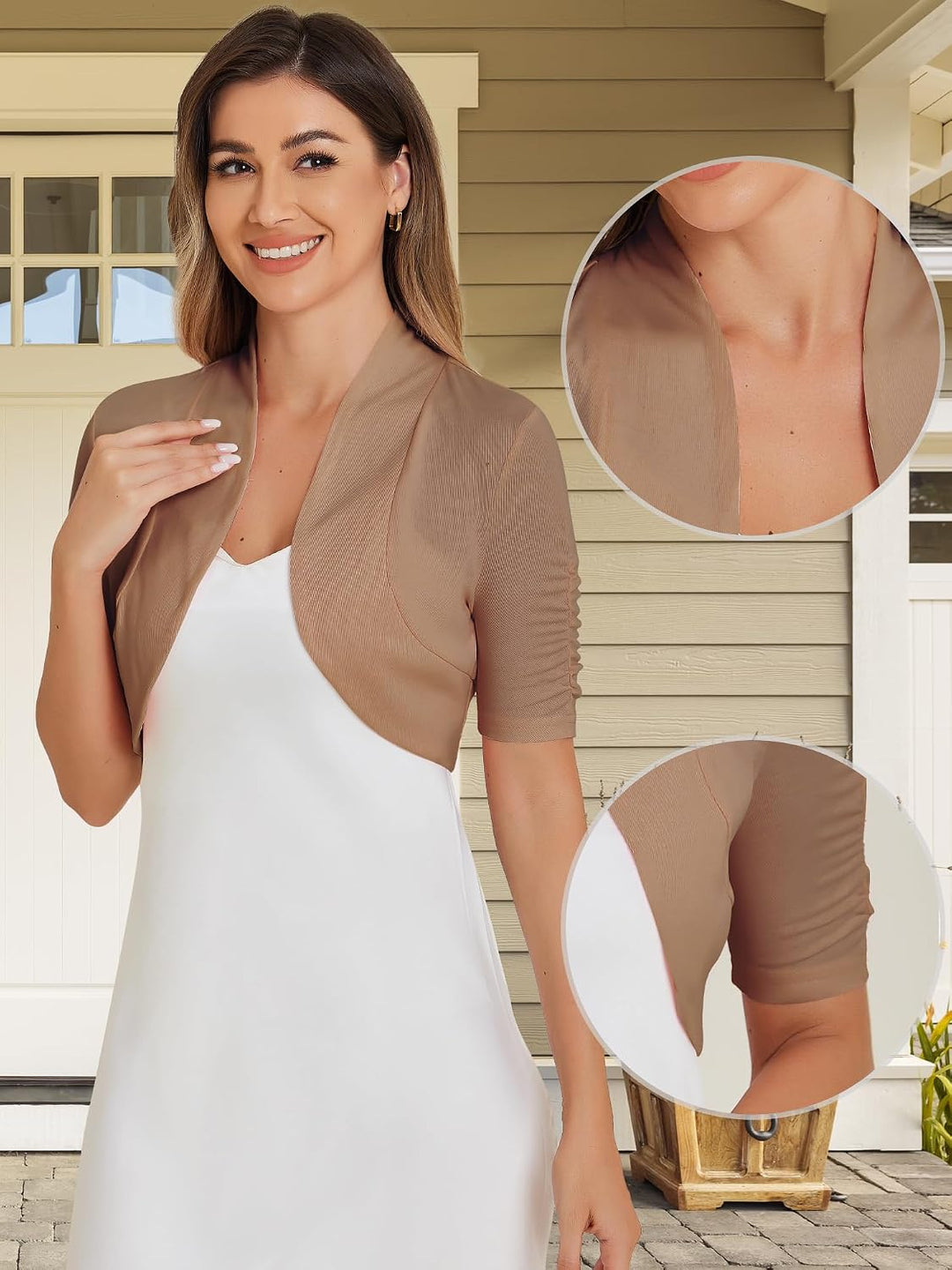 Allegra K Damen Kurzarm Elegant Rüschen Festlich Bolero Vorne Offen Crop Jacke Shrug L Braun, L Brau