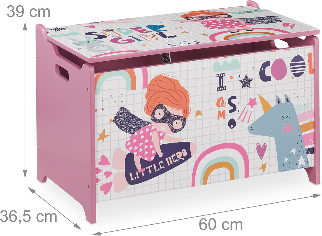 Relaxdays Spielzeugtruhe, mit Heldin-Motiv, Spielzeugkiste mit Deckel, HBT: 39x60x36,5 cm, MDF, Spie