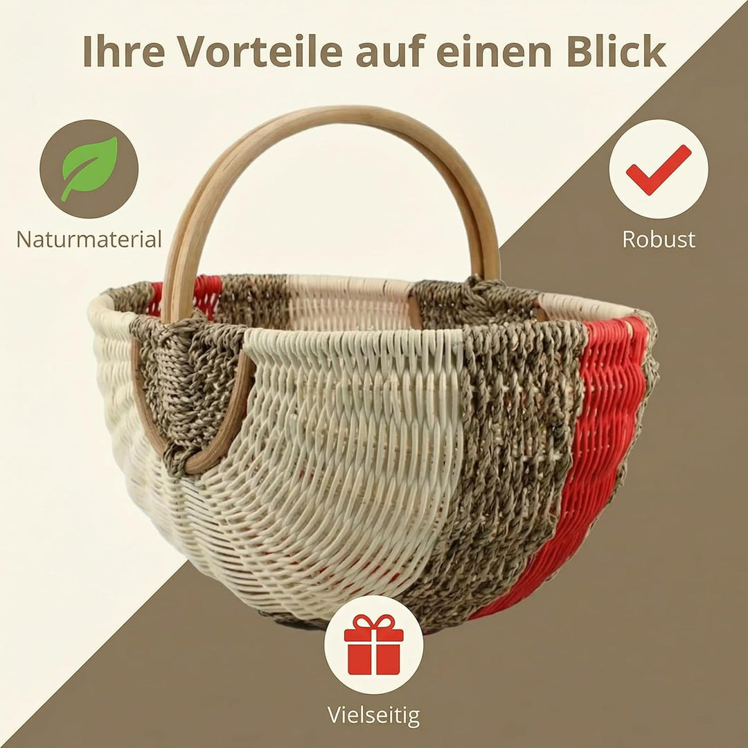 Grosser Einkaufskorb aus Rattan & Seegras – Handgeflochtener Picknickkorb mit Henkel – 48x33x24 cm –