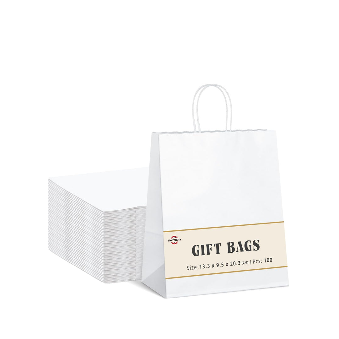 Switory 100 Stk Kraft Papiertüte, 13cm x 9,5cm x 20cm weisse Einkaufsgeschenktüte mit gedrehten Grif