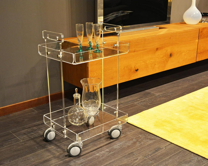 Slato Vinny Küchenwagen für Wohnzimmer und Küche mit Rädern, Vitrine mit zwei Ablagen aus Acrylkrist