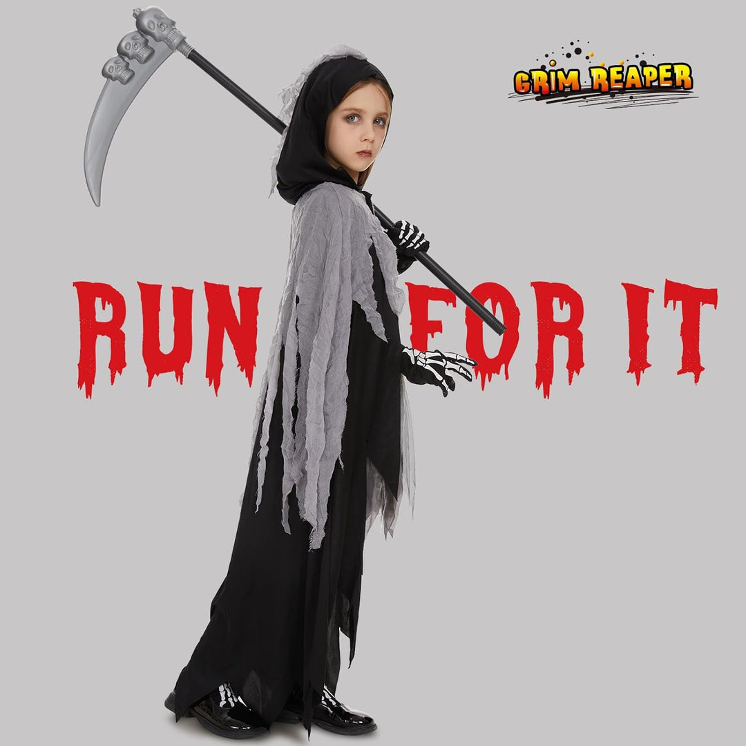 Ulikey Sensenmann Mädchen Kostüm, Sensemann Kostüm Kinder, Halloween Sensenmann Robe Set mit Kapuzen