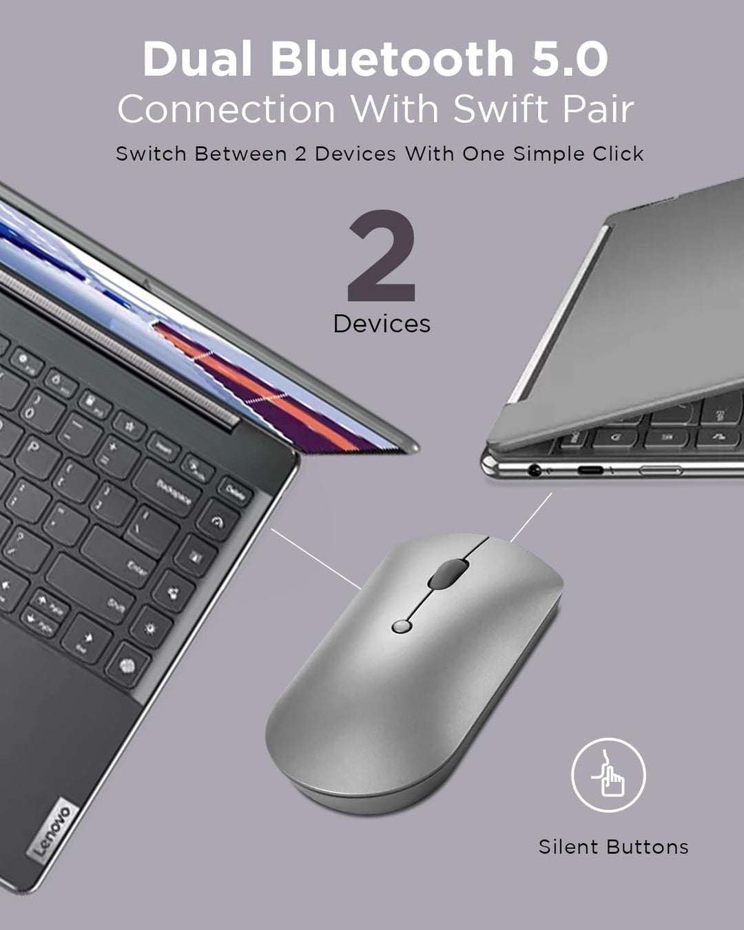 Lenovo [Maus] 600 Geräuschlose Bluetooth-Maus, works with Chromebook (WWCB), grau Grau/als Heather O