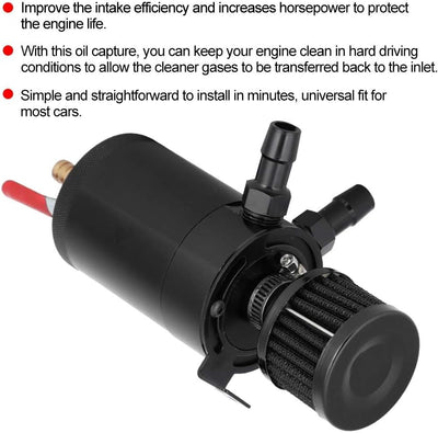 Universal-Auffangbehälter für Öltanks aus Aluminiumlegierung mit 2-Port-Zubehör-Kit(Schwarz), Schwar