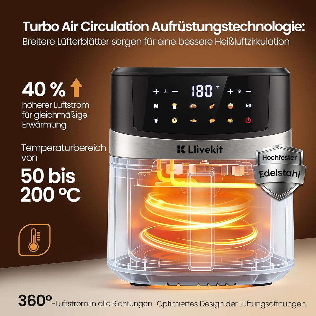 LLIVEKIT 7L Heissluftfritteuse XXL mit Farb-Touchscreen, Airfryer 360° Heissluft Zirkulation-Upgrade