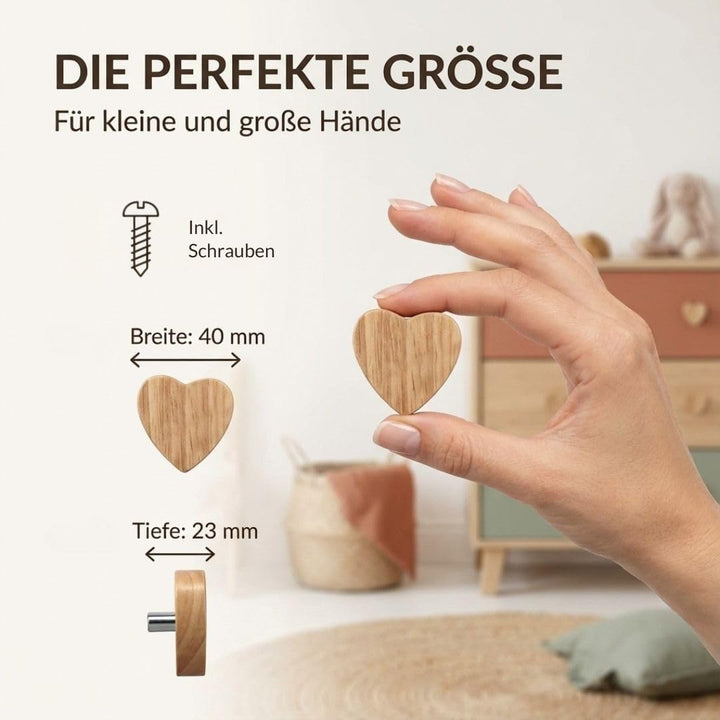 Möbelknöpfe Holz Herz 12 Stück - Schrankknöpfe Kinder, Holzknöpfe für Kommoden, Möbelgriffe Holz 12e