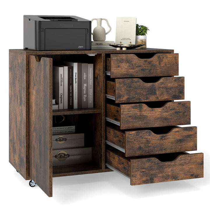 GIANTEX Rollcontainer mit 5 Schubladen & Schrank, Aktenschrank mit Rollen, Schubladenschrank Holz, D