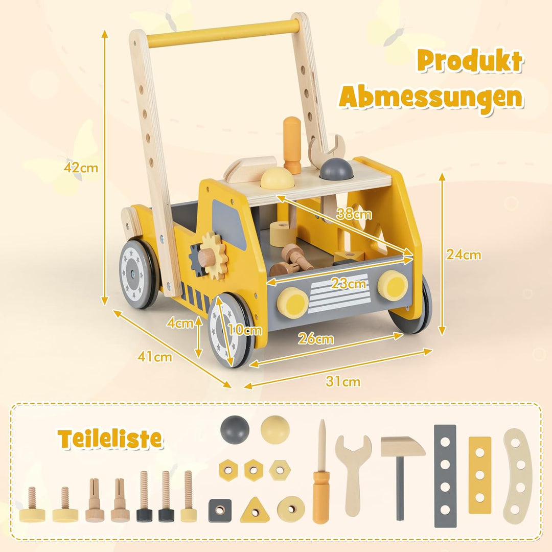 DREAMADE 2 in 1 Lauflernwagen aus Holz, mini-Werkzeugbank mit Rädern, Lauflernhilfe für Mädchen und