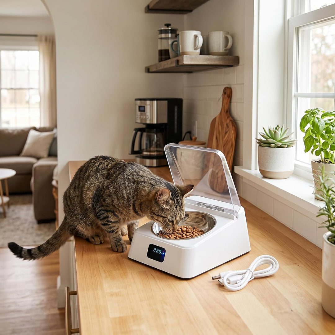 Automatischer Futterautomat Katzen, Haustier Futterspender Katzennapf mit Edelstahlnapf Infrarotsens