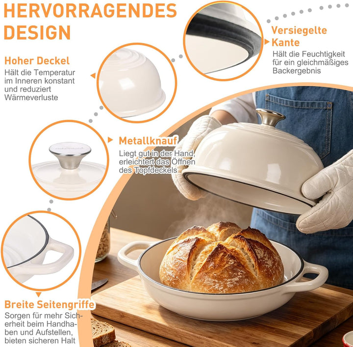 Gusseisen Brotbackform mit Deckel, 4,7L Gusseisen Topf Brot Backen, 23 cm Emaille Bräter mit Deckel,