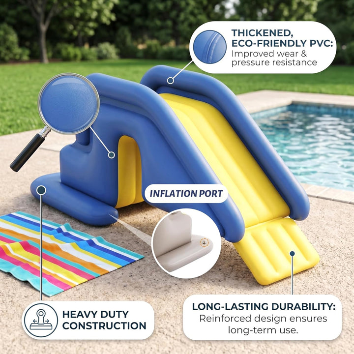 Blaue aufblasbare Poolrutsche aus PVC für oberirdische Pools mit Fusspumpe – tragbare Poolrutsche mi