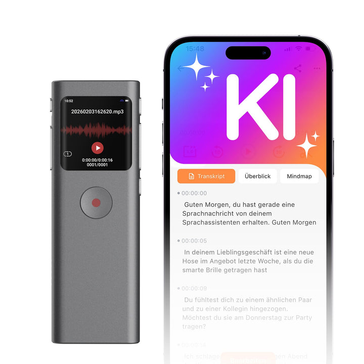 KI Digitales Diktiergerät, Transkribieren und Zusammenfassen, Sprachaktivierte Aufnahme mit Playback