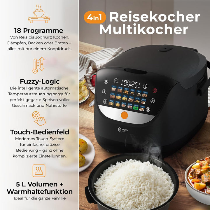 Balter Reiskocher, Multikocher mit 18 Programme, 4L Rice Cooker, Multicooker, Fuzzy-Logic, Dampfgare
