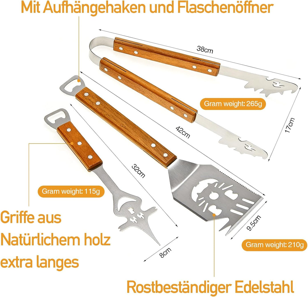 Grillbesteck-Set 3-TLG Aufhänge-Ösen, Grillzubehör mit Grillzange, Grillwender, Fleischgabel, Extra