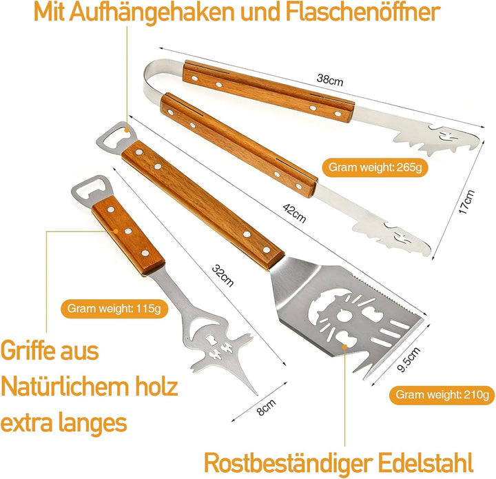 Grillbesteck-Set 3-TLG Aufhänge-Ösen, Grillzubehör mit Grillzange, Grillwender, Fleischgabel, Extra