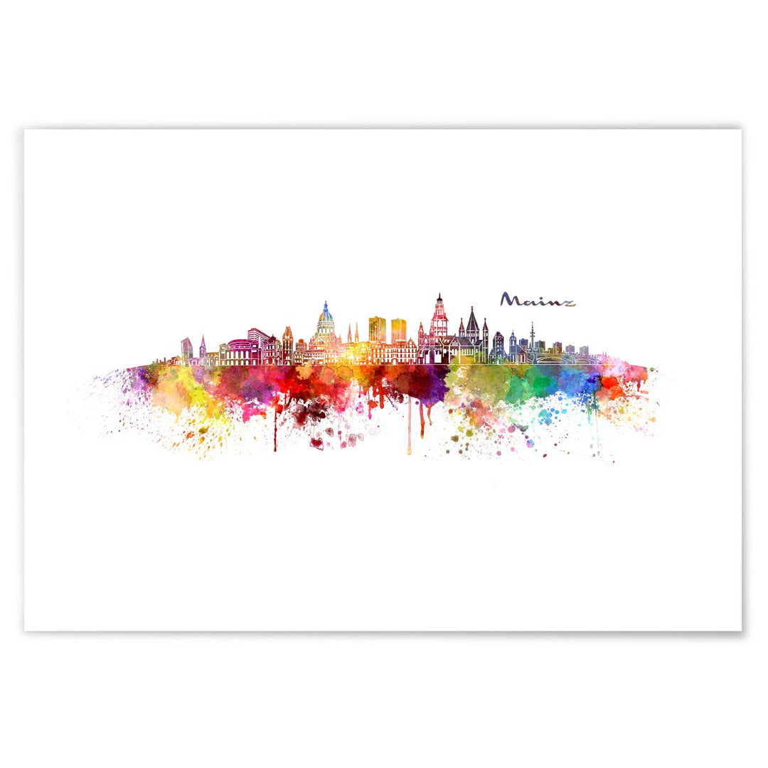 JUNIWORDS Poster mit/ohne Holzrahmen, Wähle ein Motiv, Aquarell Skyline Mainz, Wähle eine Grösse, 60