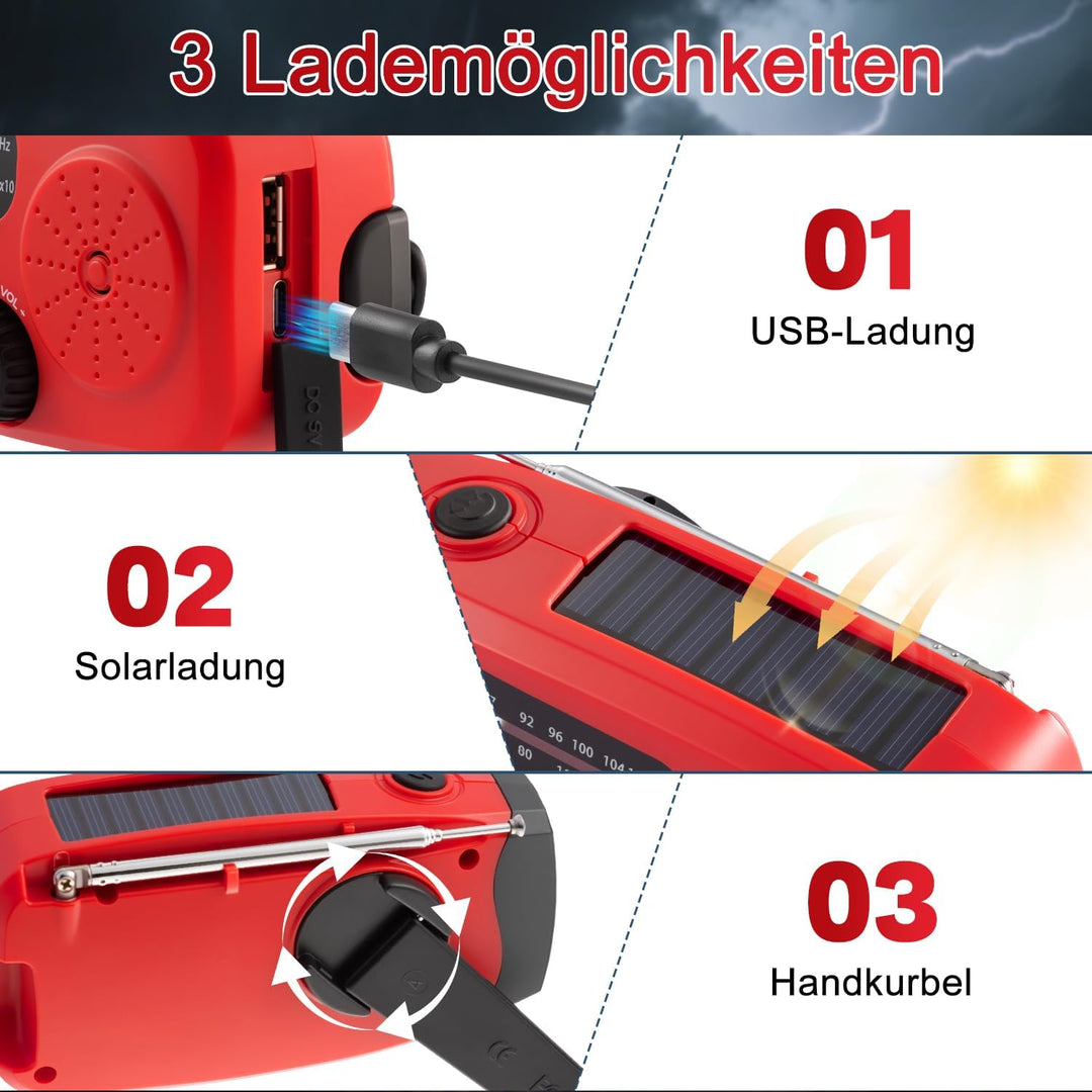 Kurbelradio, Notfall Ausrüstung Solar Radio Emergency, Notfallradio mit kurbel 2000mAh Power Bank mi