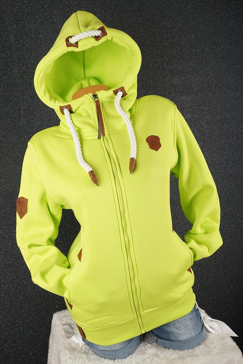TA Fashion Damen Sweat Jacke Kapuze Fleece gefüttert Übergangsjacke Hoodie gestreiftes oder dünn-ges