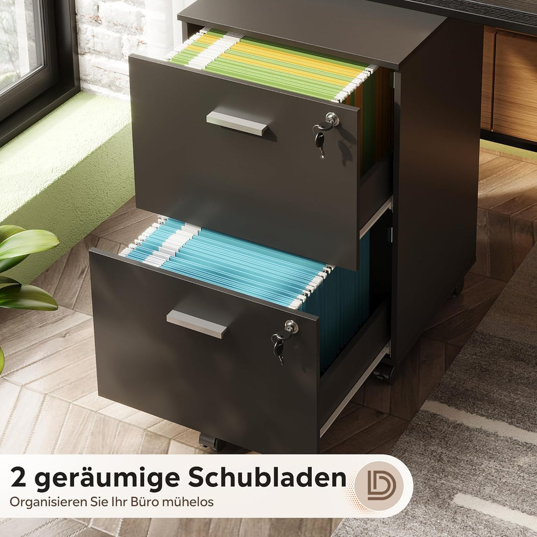 DEVAISE Rollcontainer mit 2 Schubladen, Abschliessbar Aktenschrank für Homeoffice, Rollcontainer Sch