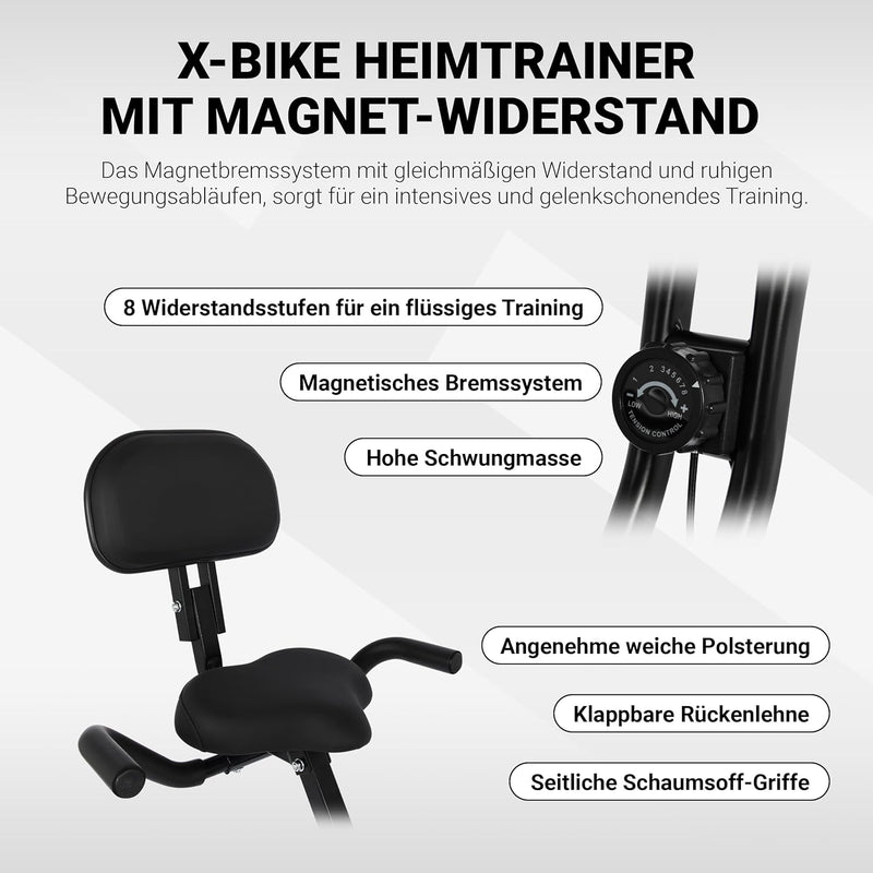 Fitness X-Bike Premium + Widerstandsbänder | Fahrradtrainer, Heimtrainer klappbar mit Rückenlehne, L