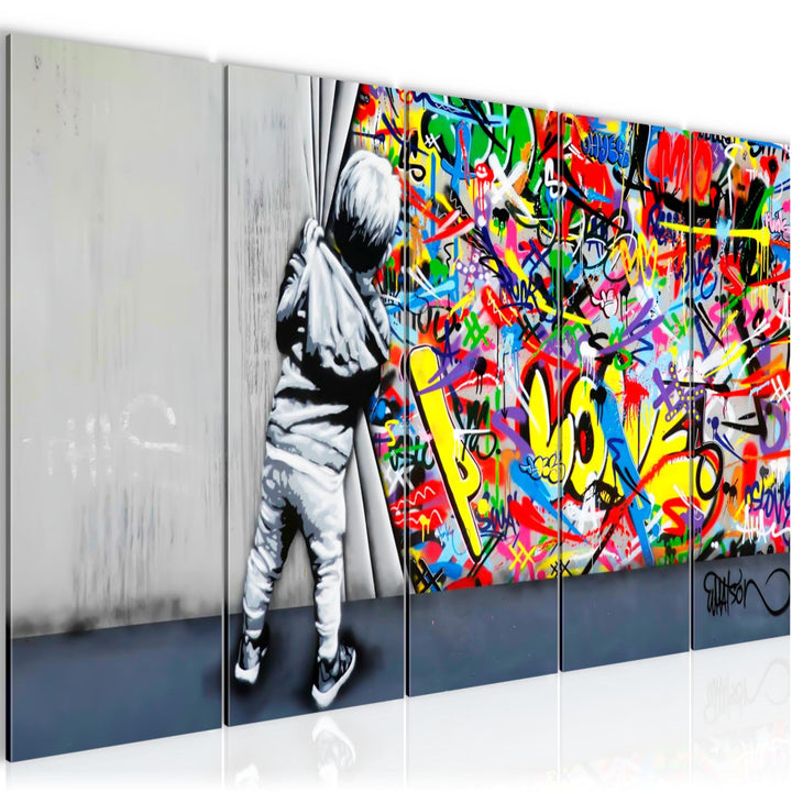 Runa Art Wandbild XXL Banksy Behind the curtain Loft Wohnzimmer 200 x 80 cm Graffiti 5 Teilig - Made