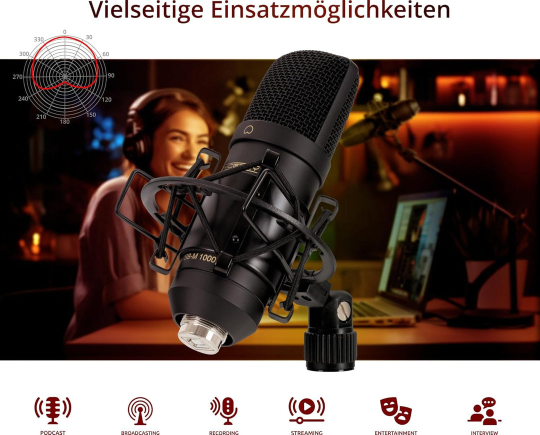 McGrey USB-M 1000 BK Podcast Kondensatormikrofon - Perfekt für Podcast, Streaming, Gaming - 14 mm-Ba