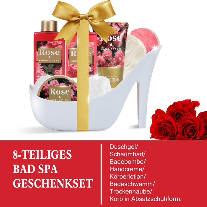 SPA LUXETIQUE Wellness Set für Frauen - 8tlg Rosenduft Bade Geschenkset mit Duschgel,Bodylotion,Scha