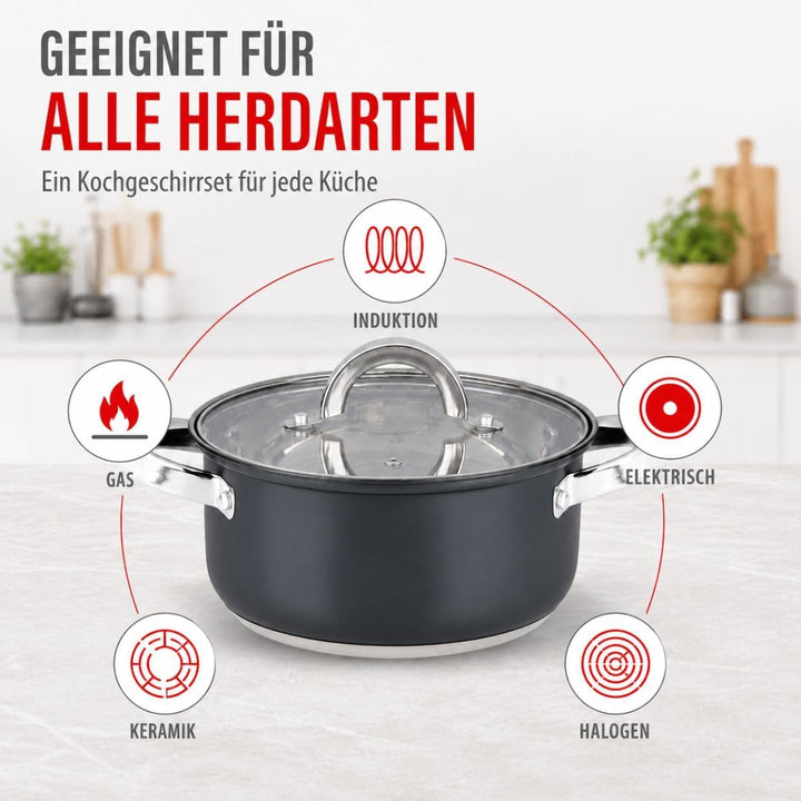 alpina Induktions-Topfset 4-teilig – Edelstahl Kochtöpfe mit Glasdeckel – Kochtopfset Geeignet für A