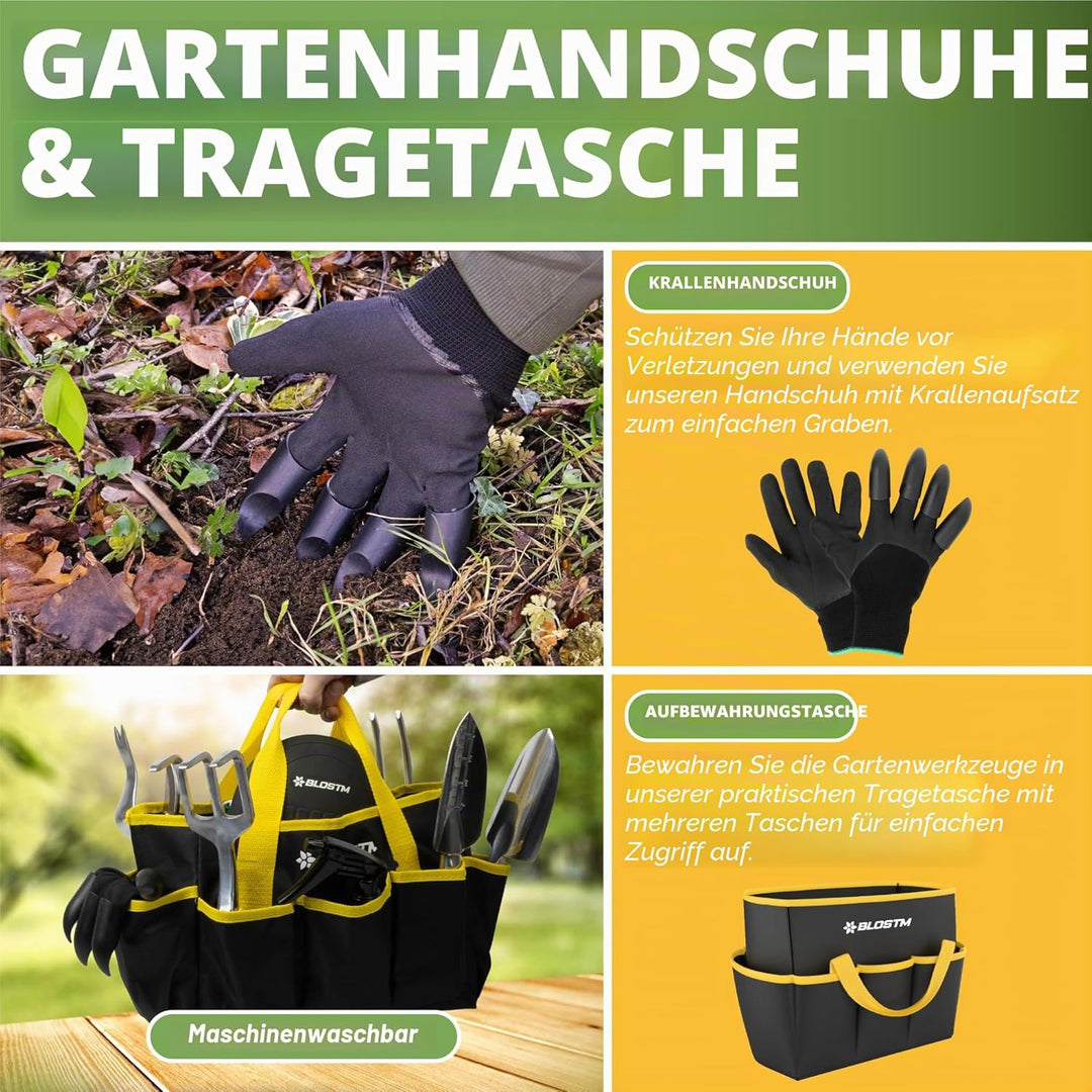 BLOSTM Gartengeräte Set 11-Teilig - Robuste Gartenwerkzeug Set mit wasserdichte Gartenwerkzeug Tasch