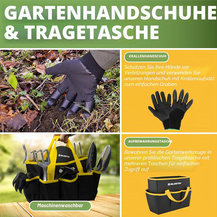 BLOSTM Gartengeräte Set 11-Teilig - Robuste Gartenwerkzeug Set mit wasserdichte Gartenwerkzeug Tasch