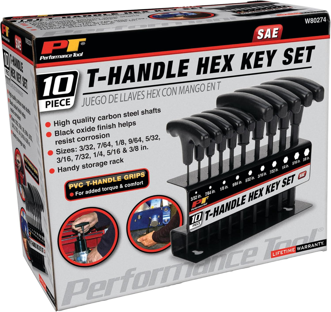 PERFORMANCE TOOL SAE T-Griff Innensechskantschlüsselsatz 10-teilig W80274 10pc SAE T-Handle Hex Key