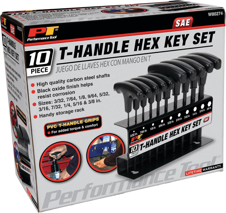 PERFORMANCE TOOL SAE T-Griff Innensechskantschlüsselsatz 10-teilig W80274 10pc SAE T-Handle Hex Key
