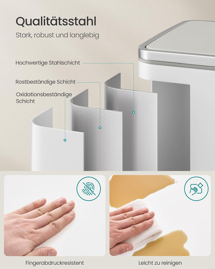 SONGMICS Mülleimer 50 L, 15 Müllsäcke, Stahl, herausnehmbarer Inneneimer aus Kunststoff, mit Deckel,