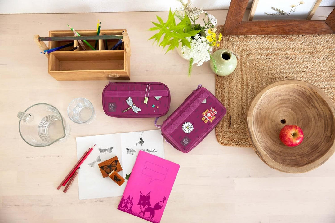 LÄSSIG Federmäppchen befüllt 20-teilig / School Triple Pencil Case Unique Speckles Berry Pink, Pink