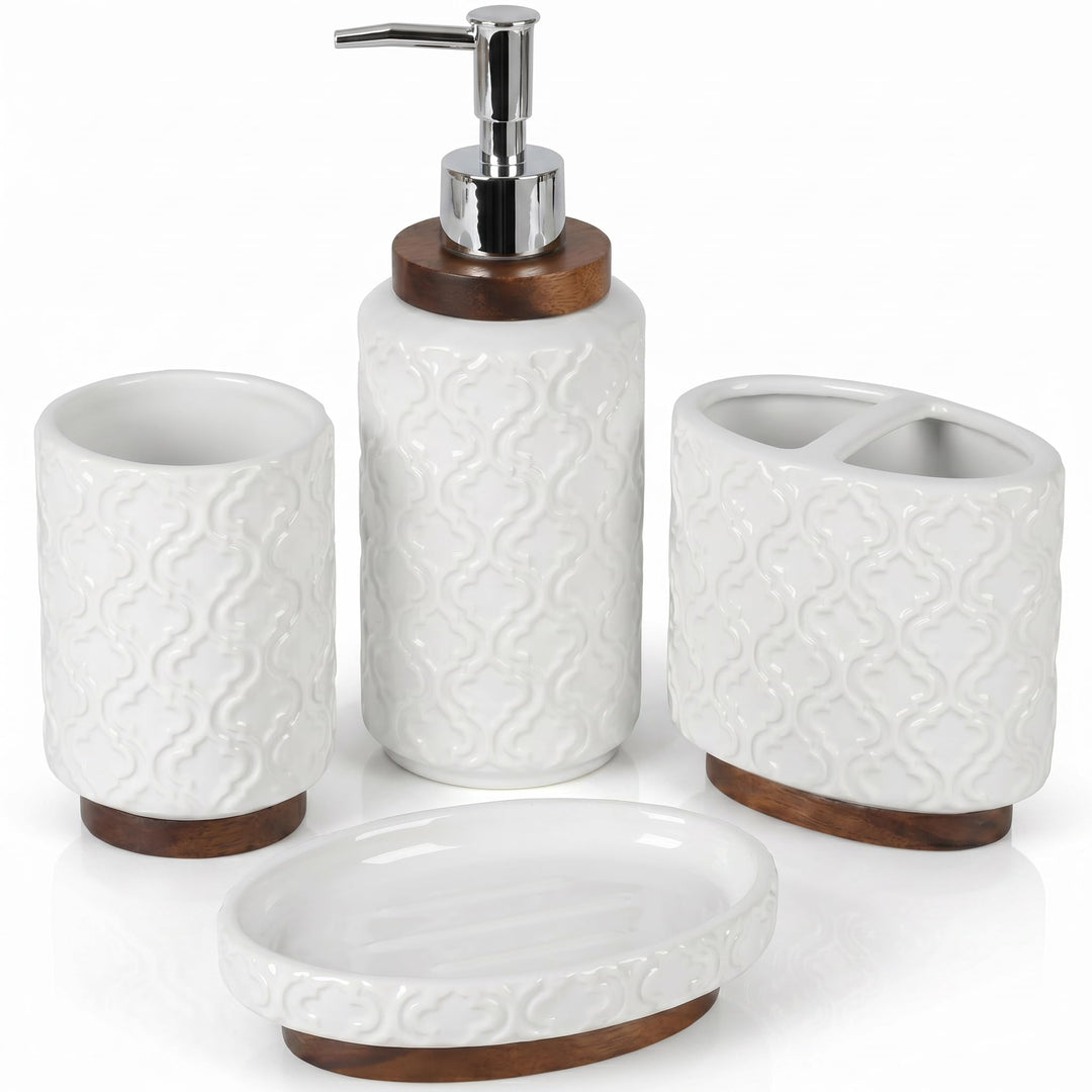 RQYIXI Geprägtes Keramik-Badezimmer-Zubehör-Set mit dunkelbraunem gebranntem Holz, marokkanisches Ra