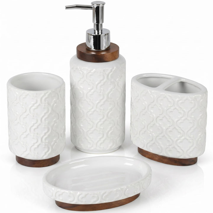 RQYIXI Geprägtes Keramik-Badezimmer-Zubehör-Set mit dunkelbraunem gebranntem Holz, marokkanisches Ra
