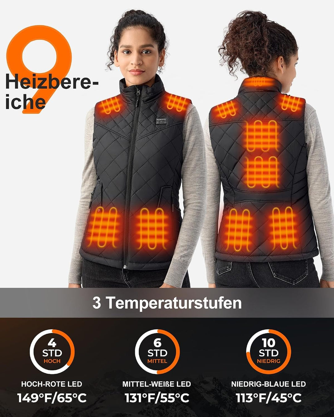 Heizweste Damen mit Powerbank 16000mAh 7.4V, Beheizbare Weste Damen mit 9 Heizzone, Elektrisch Behei