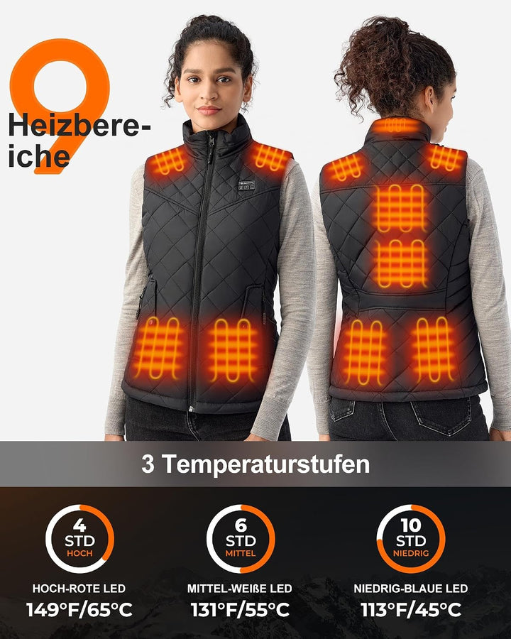 Heizweste Damen mit Powerbank 16000mAh 7.4V, Beheizbare Weste Damen mit 9 Heizzone, Elektrisch Behei