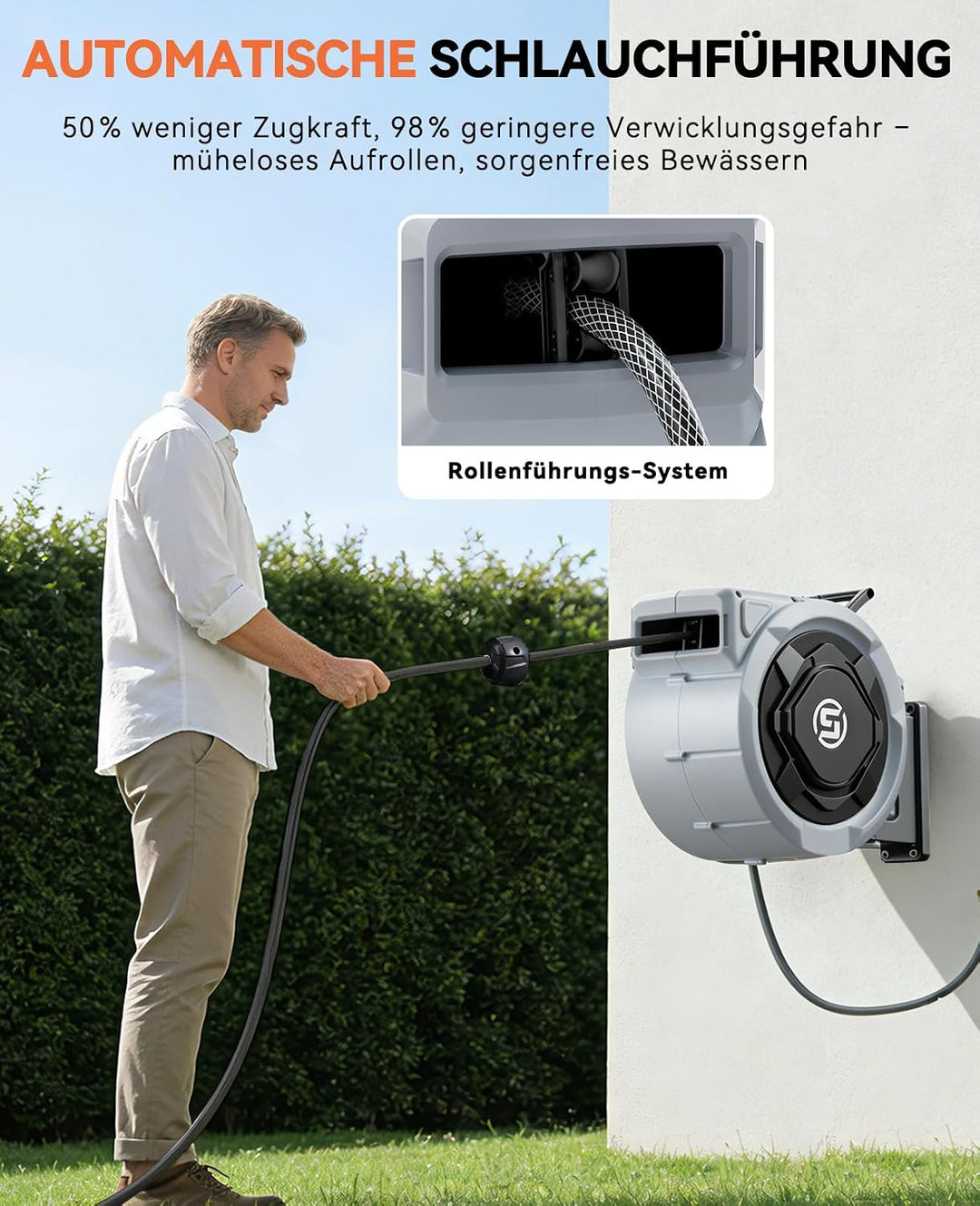 SUNPOW automatische Schlauchtrommel Wasser – 13mm x45m mit Gartenschlauch, zur Wandmontage, 10-Funkt