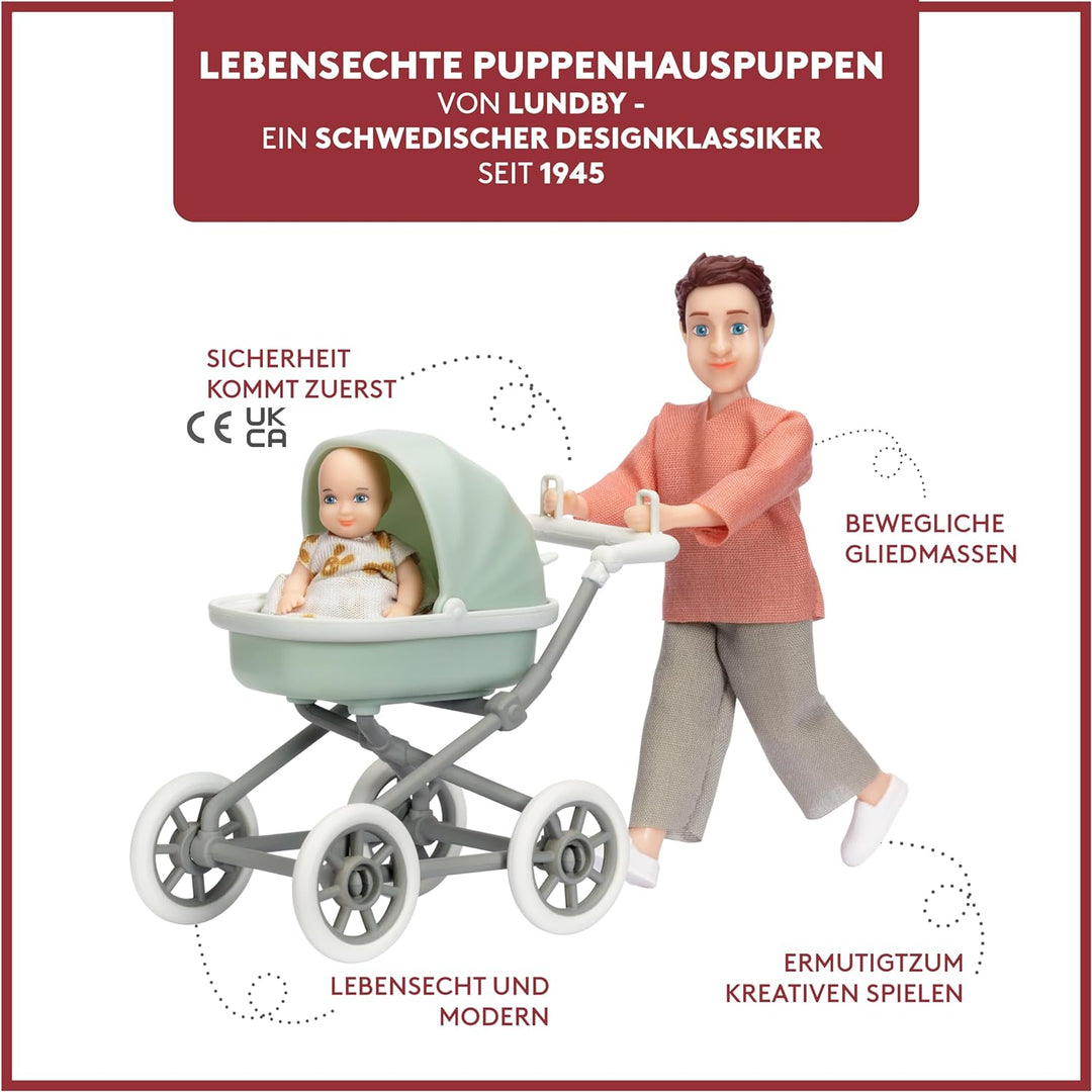 Lundby Puppenhaus Puppen - Puppe Puppenhaus Papa mit Biegepuppe Baby und Miniatur Kinderwagen - Pupp