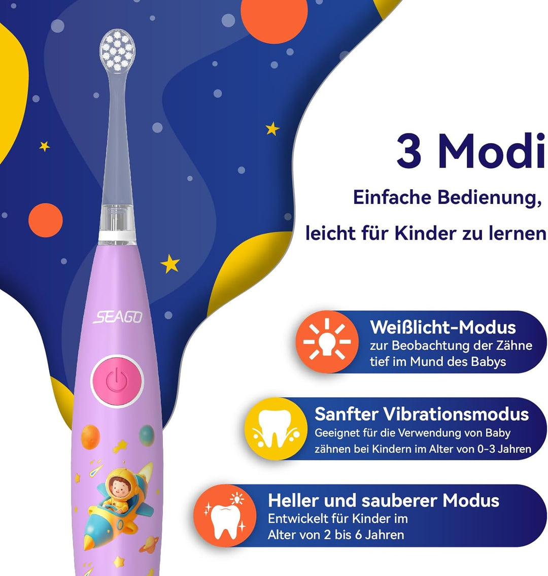 Seago Elektrische Zahnbürste Kinder ab 1 Jahr, Schallzahnbürste Kinder mit LED-Lichtern und DIY-Aufk