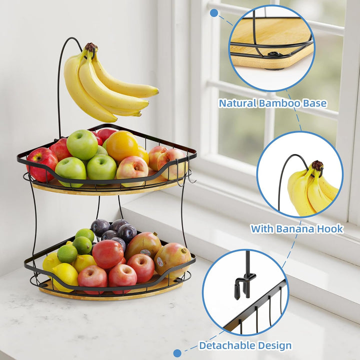 Obstkorb Schwarz Rechteckig 2-stöckig mit 2 Bananenhaltern – Metall Obstschale & Obstschalen zur Auf