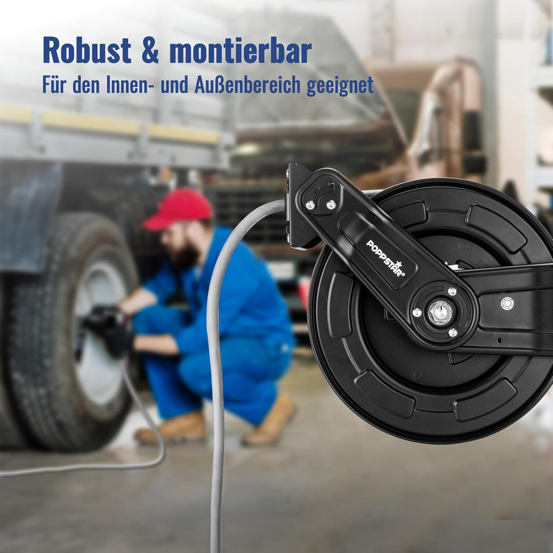 Poppstar Druckluftschlauchtrommel aus Stahl (15m+1,5m, Durchmesser (9,2x15mm)), Anschlüsse 1/4 Zoll