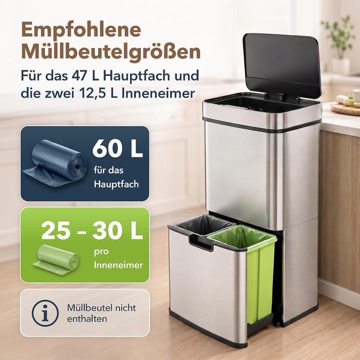 ledscom.de SORTA Sensor Mülleimer 72L, 3-Fächer Mülltrennsystem | Edelstahl, 3 Kammern: 47 L + 2×12,